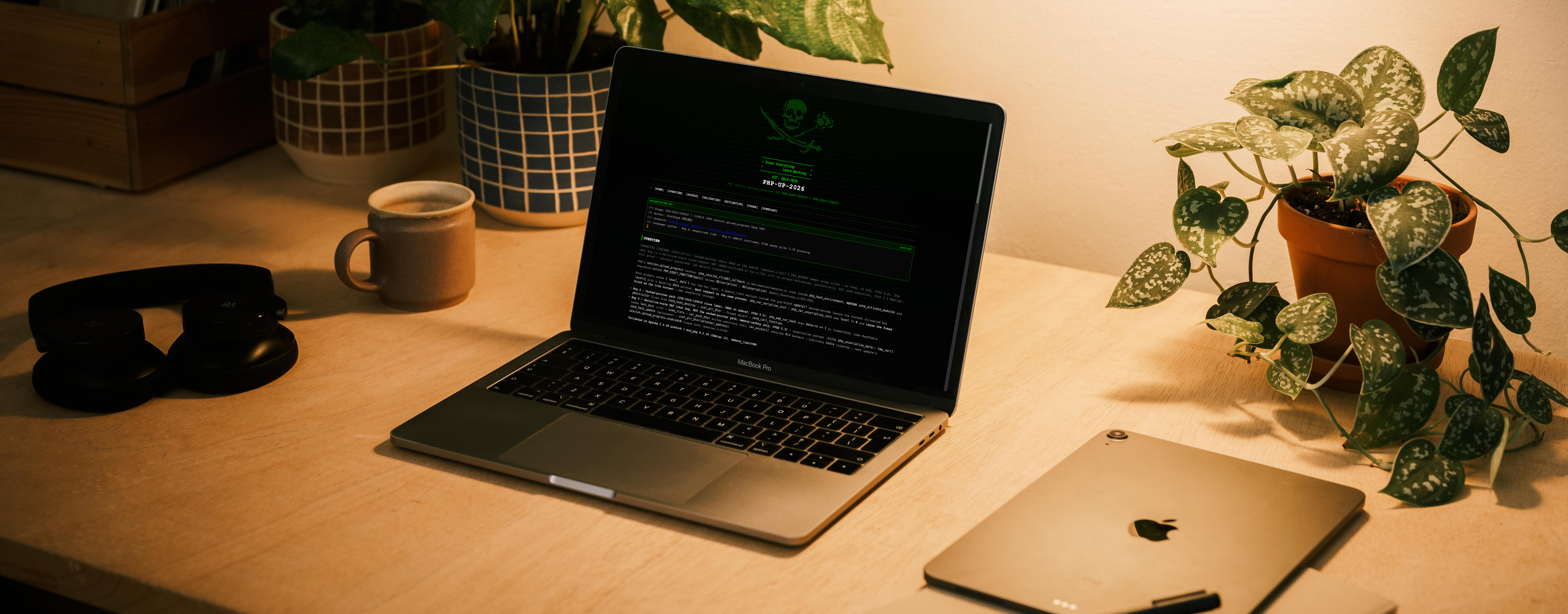 Symbolbild: Laptop mit geöffneter Webseite des Exploits auf einem Schreibtisch mit Kopfhörer und iPad.