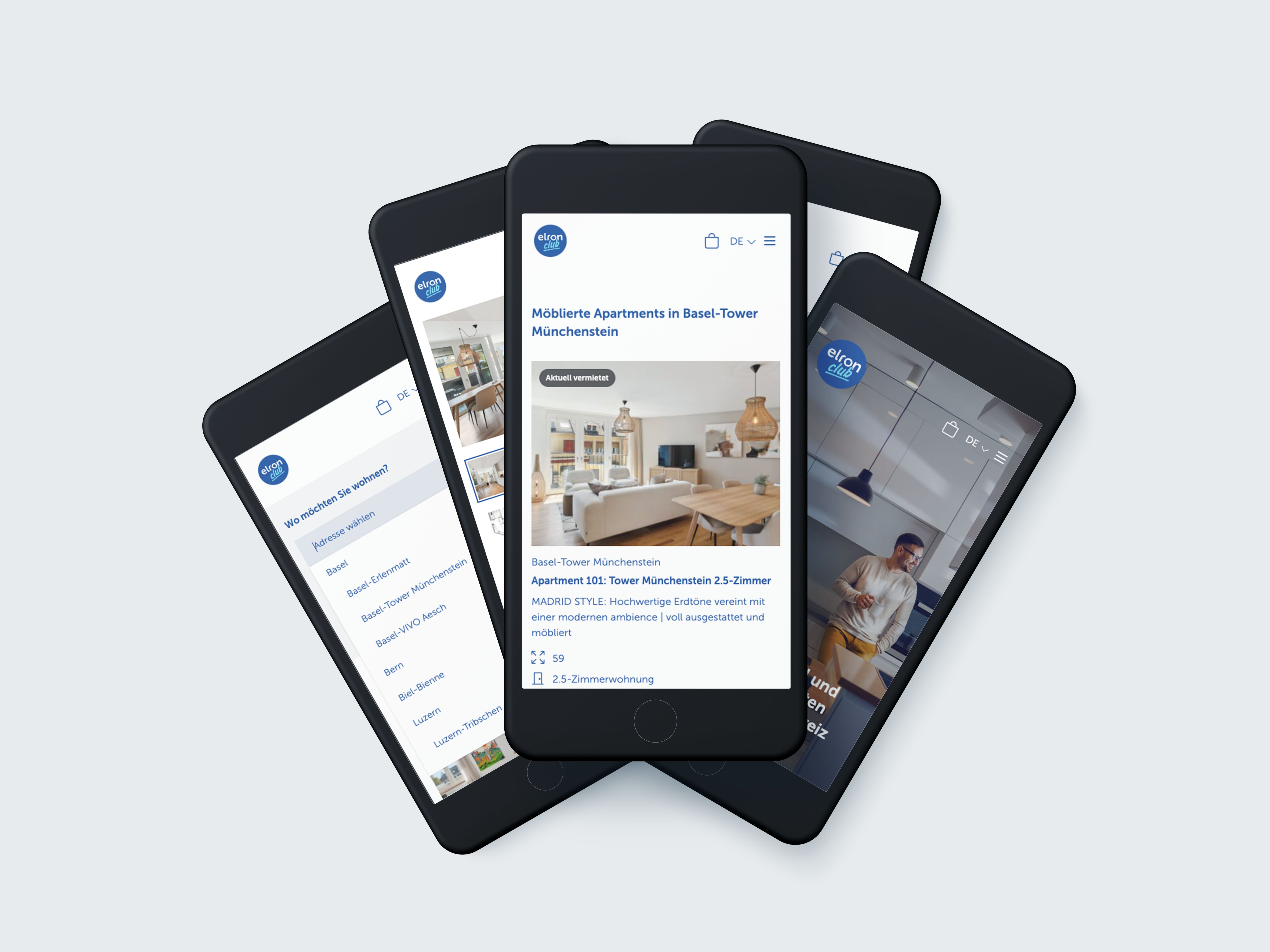 elron club Webseite und Buchungsmarktplatz für möblierte Immobilien, Mockup für Smartphones